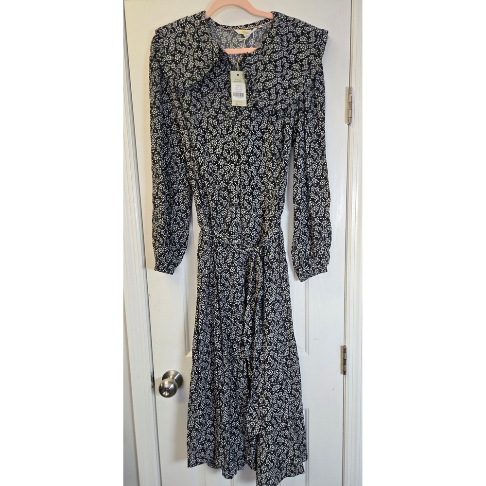 NWT‎ Boden Amy Cotton Midi Shirt Dress Black Botanical Bunch Floral Pockets 12